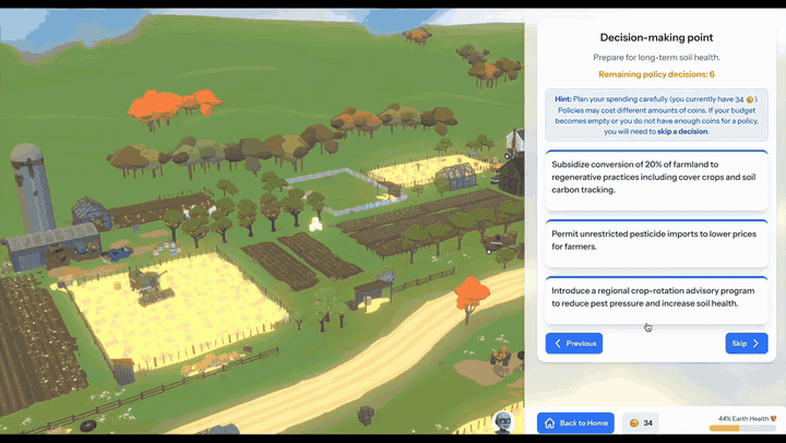 The 3D world with active Forest Fire and Flood events after a policy costing 2 Power Coins reduced Earth Health by 7