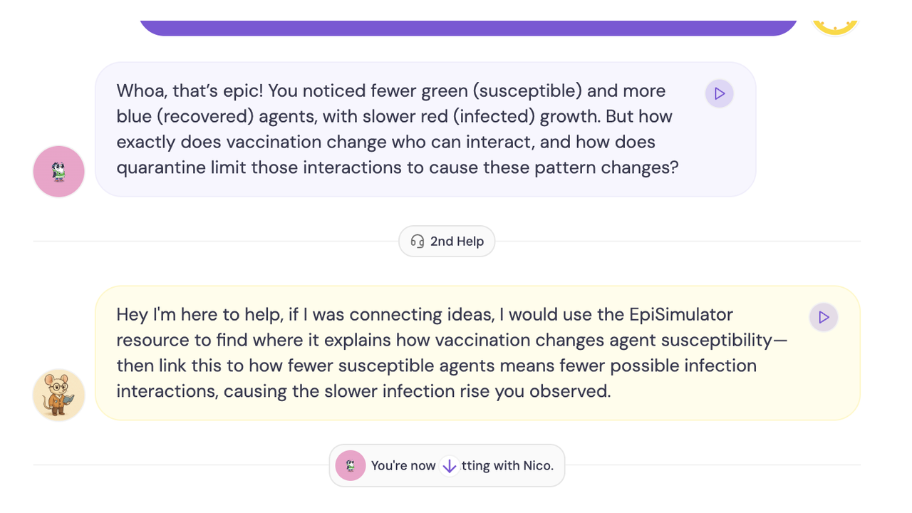 Tiered help panel offering a second hint that points the learner back to the EpiSimulator resource