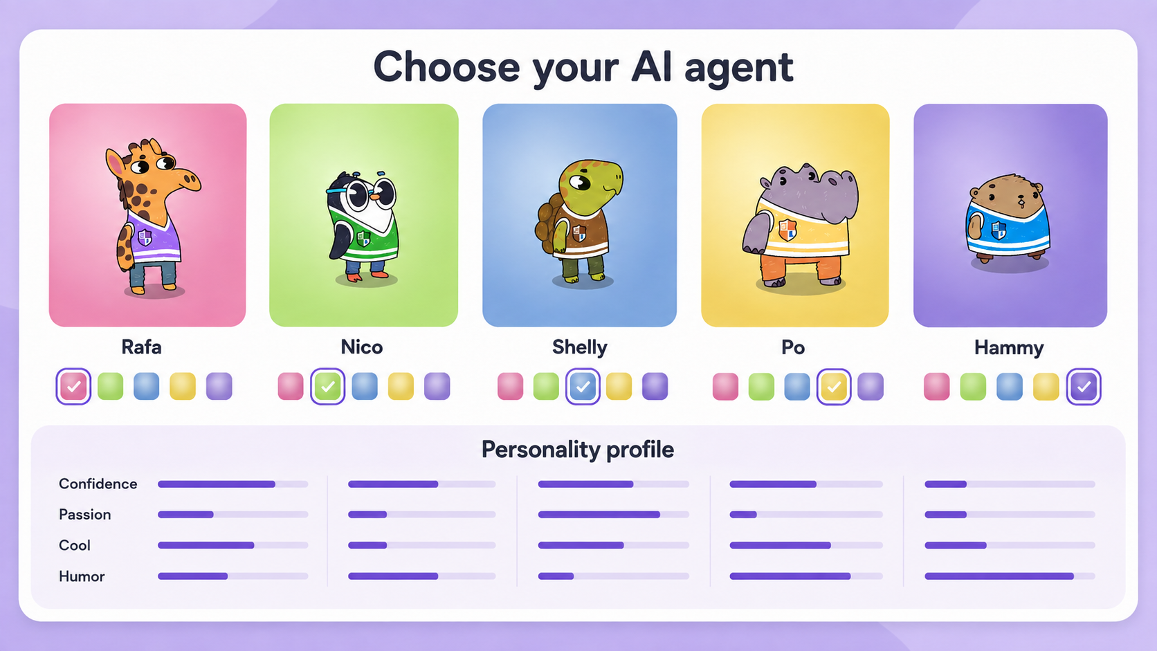 five selectable studybuds characters named Rafa, Nico, Shelly, Po, and Hammy, each with different appearance