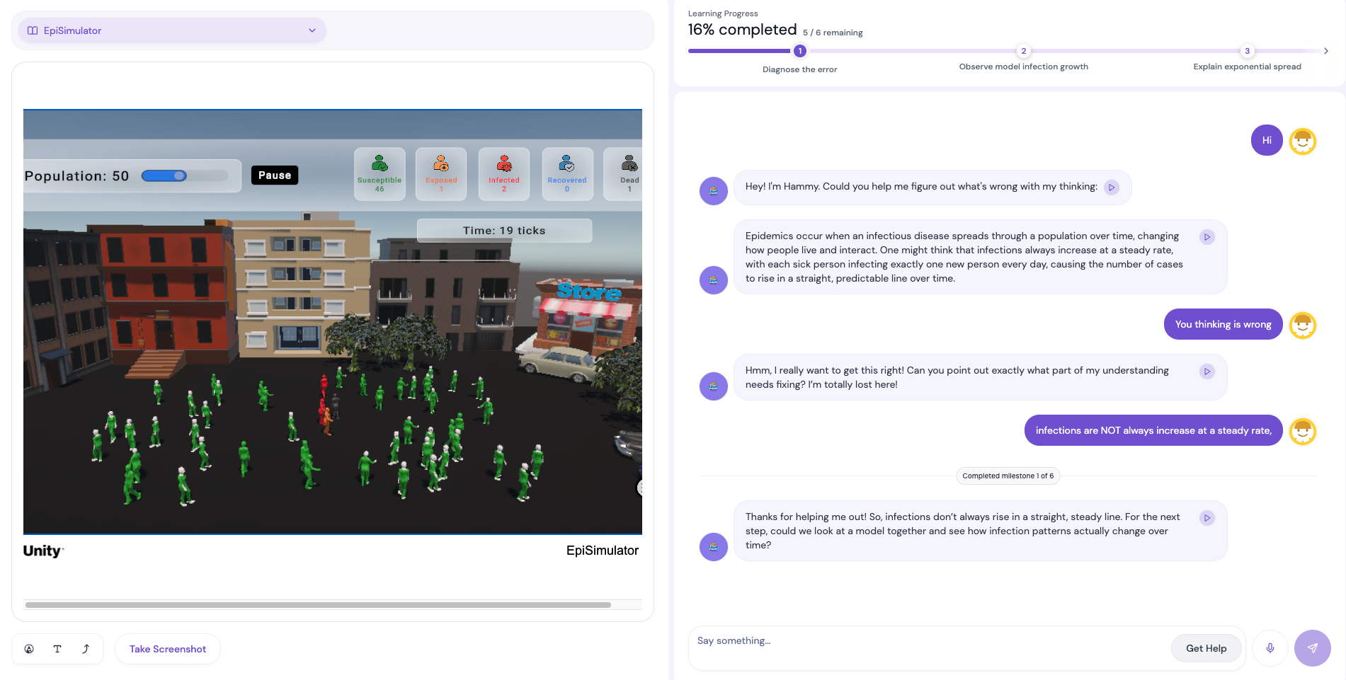 EpiSimulator running beside a Studybuds conversation with teachable agent Hammy and a milestone progress tracker