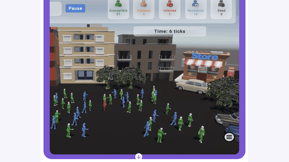 EpiSimulator town view with susceptible, exposed, infected, recovered and dead counters updating as the tick count rises