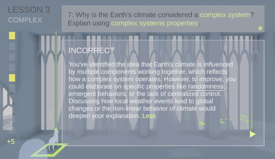 AI-generated corrective feedback elaborating on why an answer about Earth's climate as a complex system was incomplete