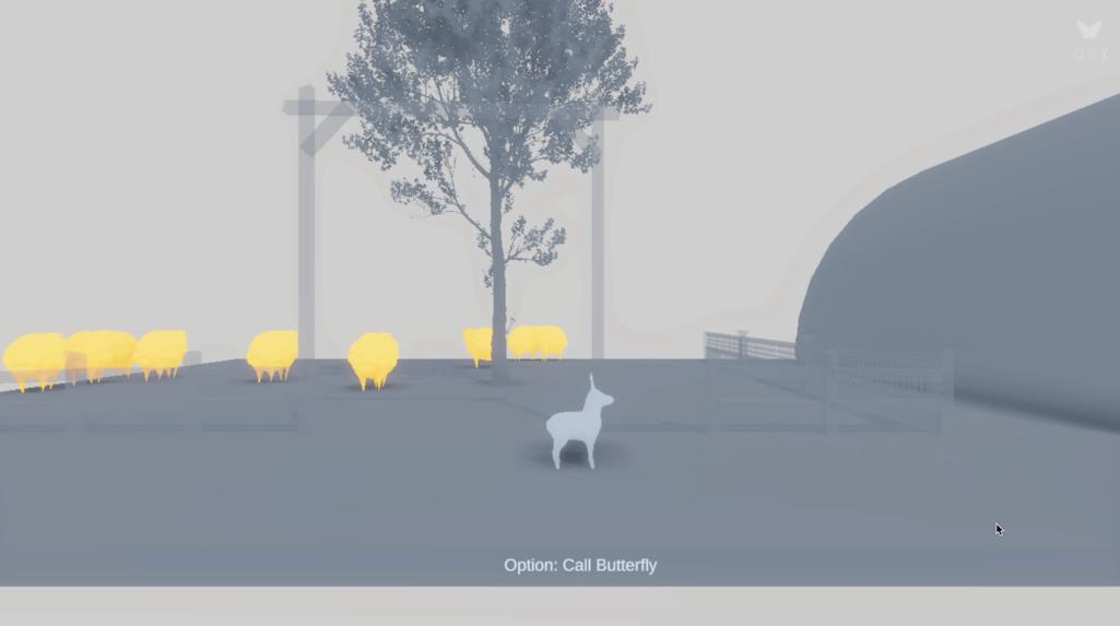 Sheep flock scene with the non-intrusive 'Call Butterfly' prompt at the bottom