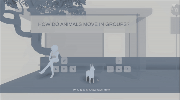 Learner moving the dog avatar freely through the open world of the flocking simulator