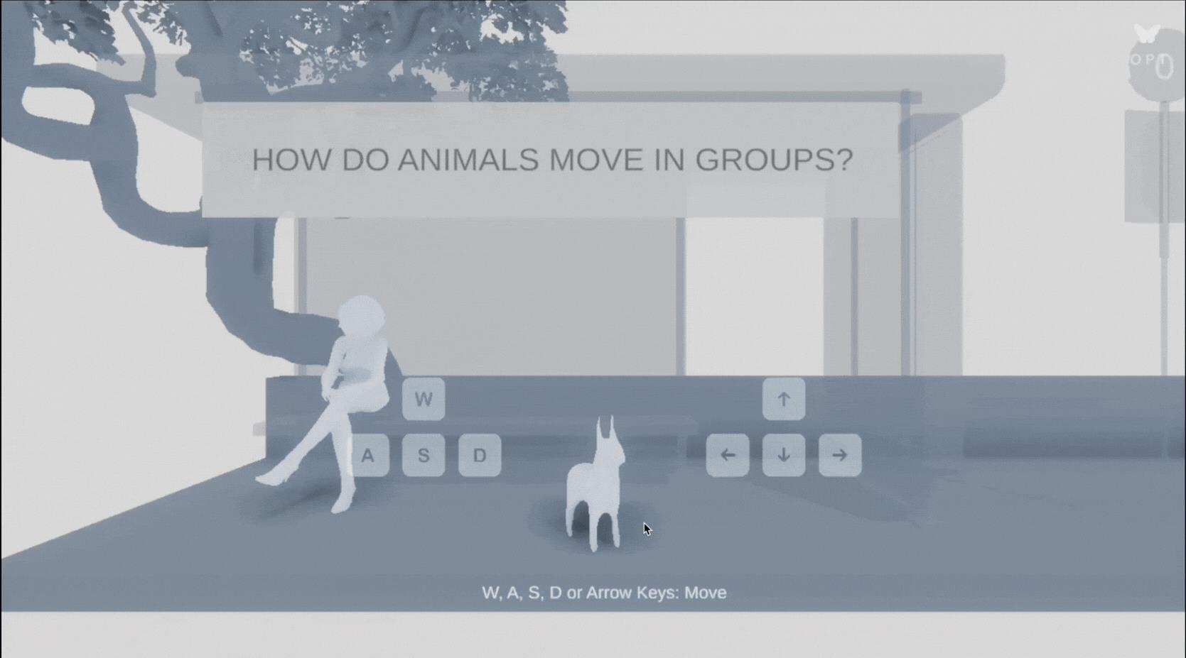 Opening screen asking 'How do animals move in groups?' with WASD and arrow key movement controls shown beside the learner's dog avatar
