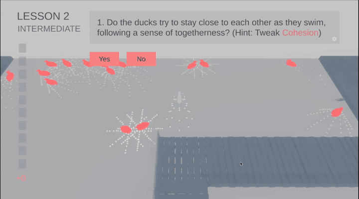 Lesson 2 with the duck flock: a prediction question followed by manipulation of alignment, cohesion, and separation sliders