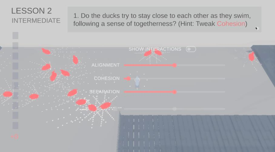 Lesson 2 manipulation controls with alignment, cohesion and separation sliders plus a Show Interactions toggle over the duck flock